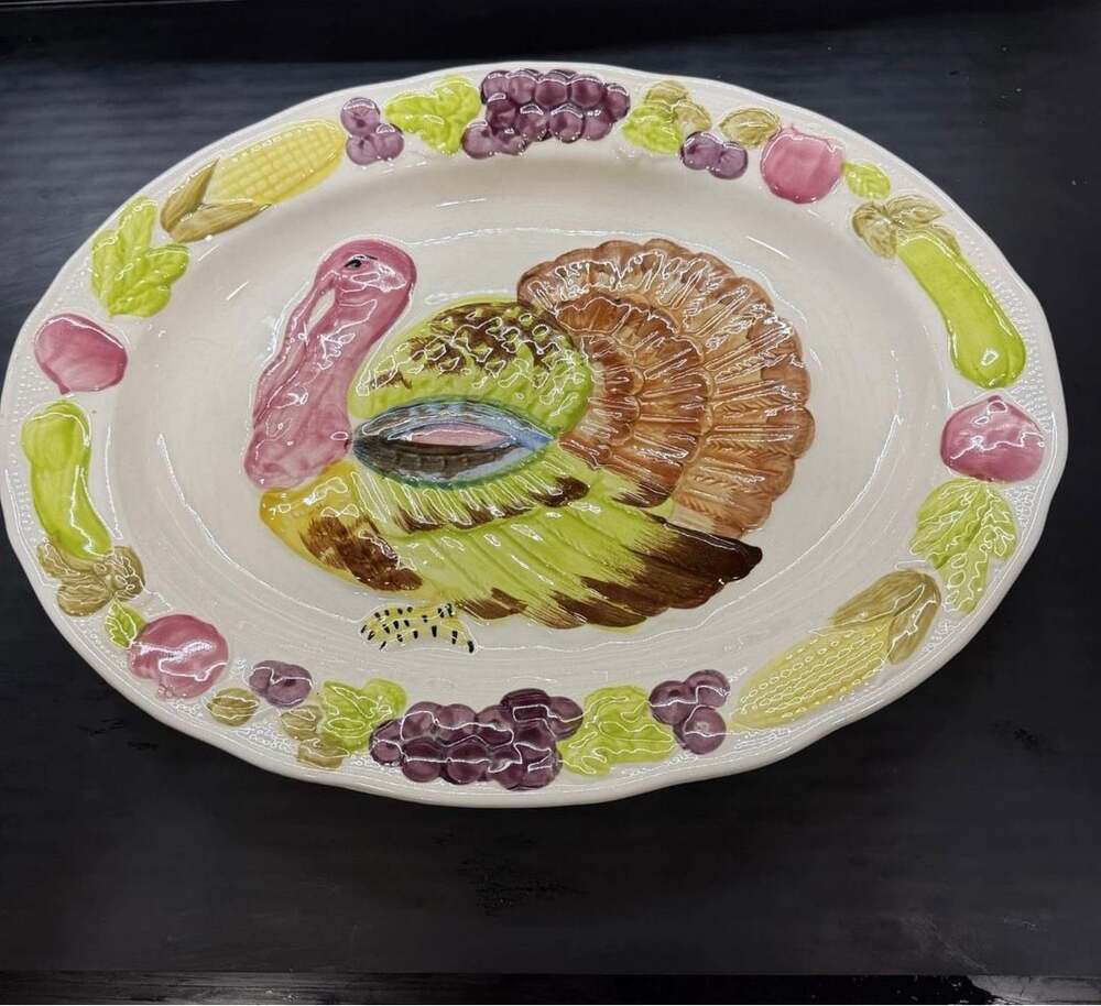 Unbranded Ceramic Turkey Thanksgiving Platter 18.5" x 14" Multicolor Embossed 3D